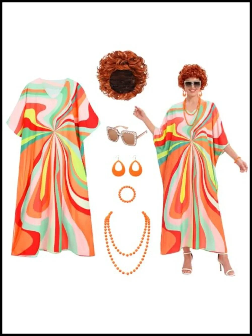 Women's 6 Piece Halloween Costume Set with Orange Wig, Print Caftan Dress,